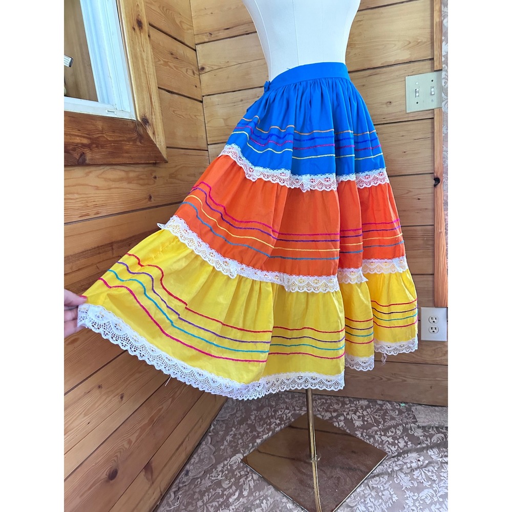 Vintage Tiered Folklórico Maxi Skirt Womens Medium Blue Orange Yellow Lace Trim